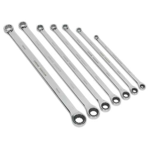 Double Ring Ratchet/Fixed Spanner Set 7pc Extra-Long Metric