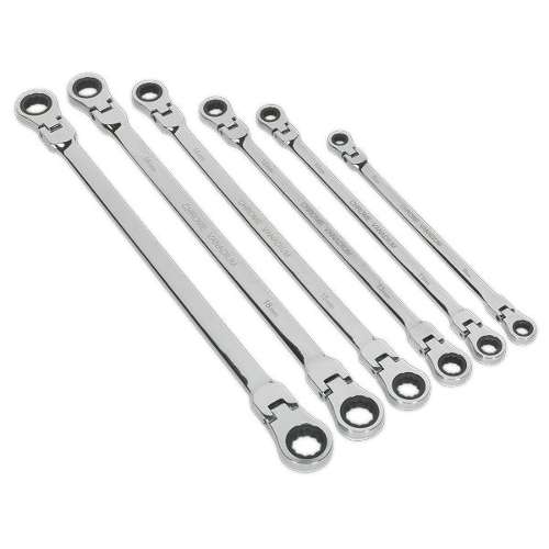 Flexi-Head Double End Ratchet Ring Spanner Set 6pc Extra-Long Metric