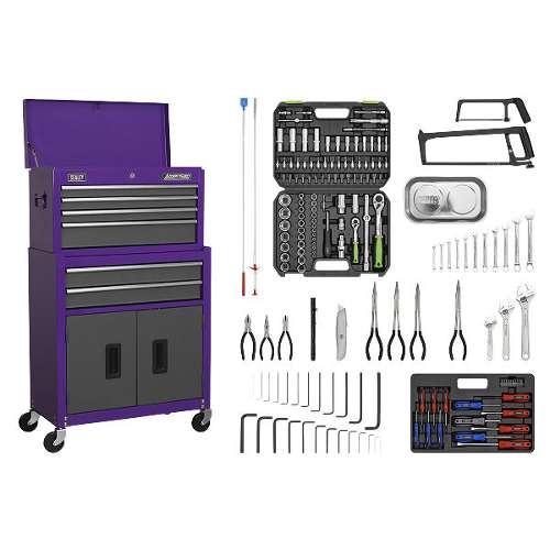 Topchest & Rollcab Combination 6 Drawer with Ball-Bearing Slides - Purple/Grey & 170pc Tool Kit