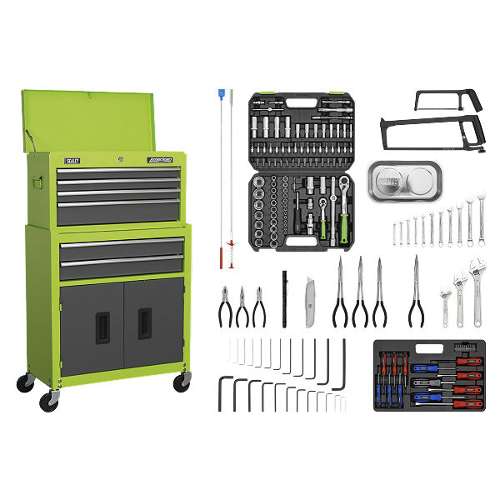 6 Drawer Topchest & Rollcab Combination with Ball-Bearing Slides - Green/Grey & 170pc Tool Kit