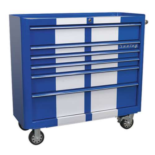 Rollcab 6 Drawer Wide Retro Style - Blue with White Stripes