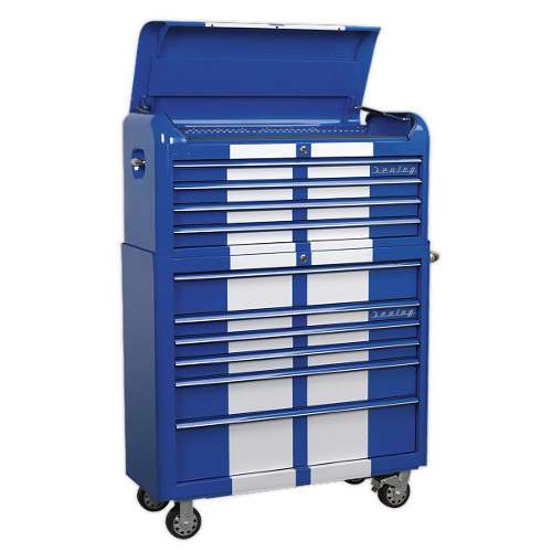 Retro Style Wide Topchest & Rollcab Combination 10 Drawer Blue/White Stripes