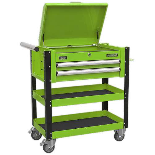 Heavy-Duty Mobile Tool & Parts Trolley 2 Drawers & Lockable Top - Green