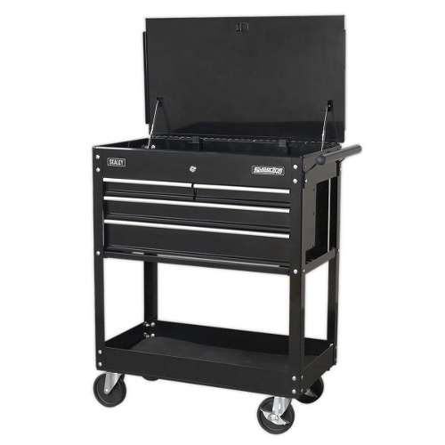 Heavy-Duty Mobile Tool & Parts Trolley with 4 Drawers & Lockable Top - Black