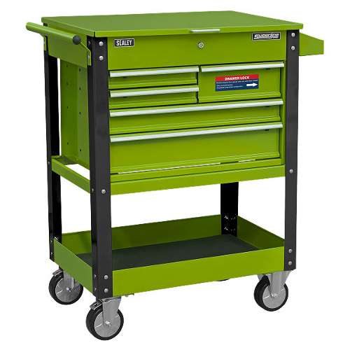 Heavy-Duty Mobile Tool & Parts Trolley with 5 Drawers and Lockable Top- Hi-Vis Green