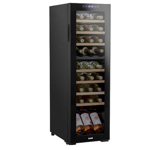 Baridi 27 Bottle Dual Zone Wine Cooler, Fridge with Digital Touch Screen Controls, Wooden Shelves & LED Light, Black