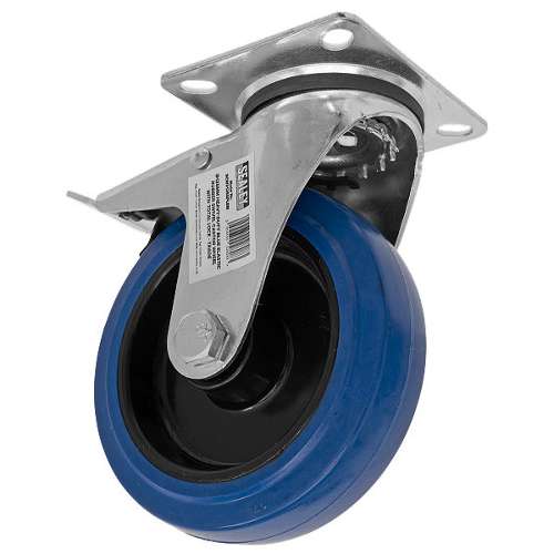 Heavy-Duty Blue Elastic Rubber Swivel Castor Wheel with Total Lock &#216;125mm - Trade