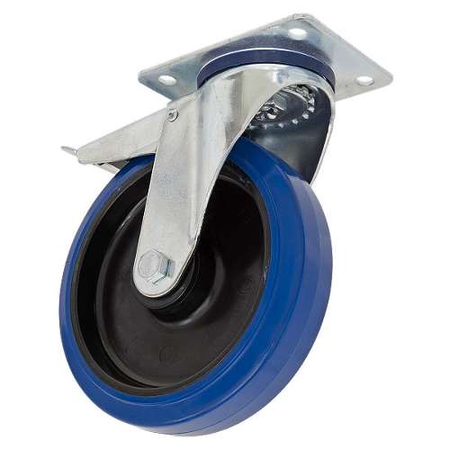 Heavy-Duty Blue Elastic Rubber Castor Wheel Swivel with Total Lock &#216;200mm - Trade