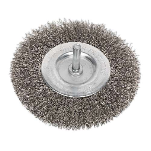 Crimped Flat Wire Brush Stainless Steel &#216;100mm &#216;6mm Shaft