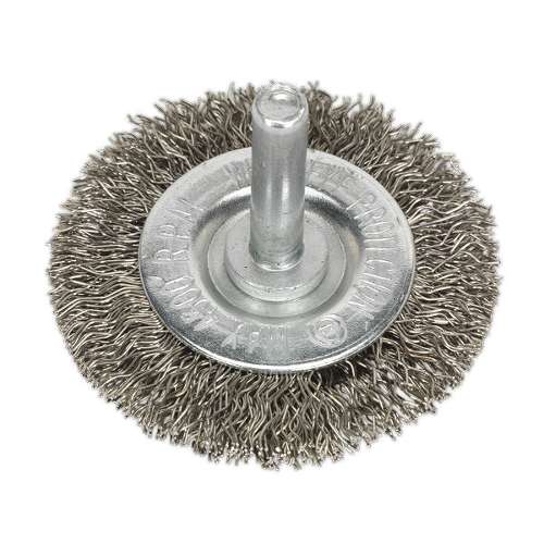 Crimped Flat Wire Brush Stainless Steel &#216;50mm &#216;6mm Shaft