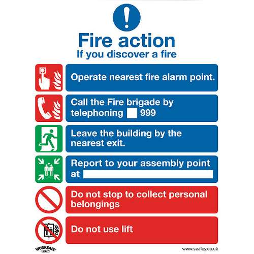 Safe Conditions Safety Sign - Fire Action With Lift - Self-Adhesive Vinyl