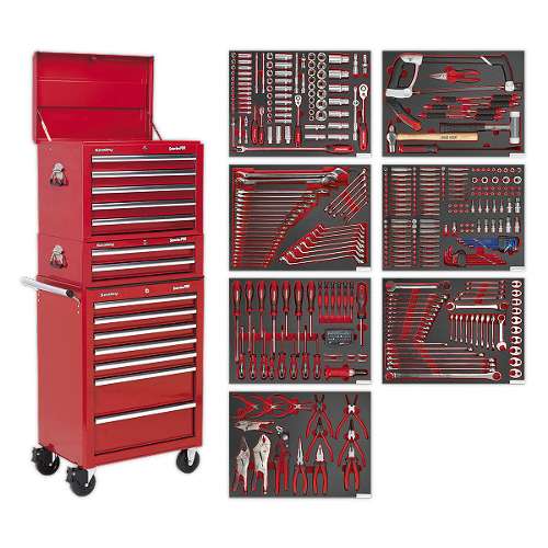 Tool Chest Combination 14 Drawer with Ball-Bearing Slides - Red & 446pc Tool Kit